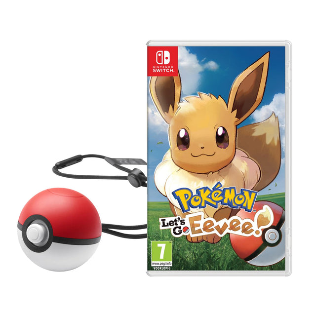 Nintendo Switch Pokémon Let's Go Eevee met Poké Ball Plus, doos voorkant en de rood-witte Poké Ball Plus, tweedehands