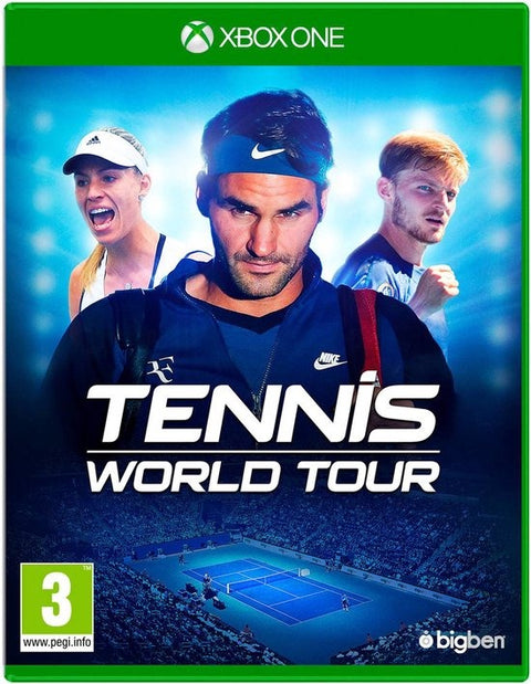 Xbox One Tennis World Tour van Bigben, doos voorkant met drie tennissers boven een tennisbaan, tweedehands