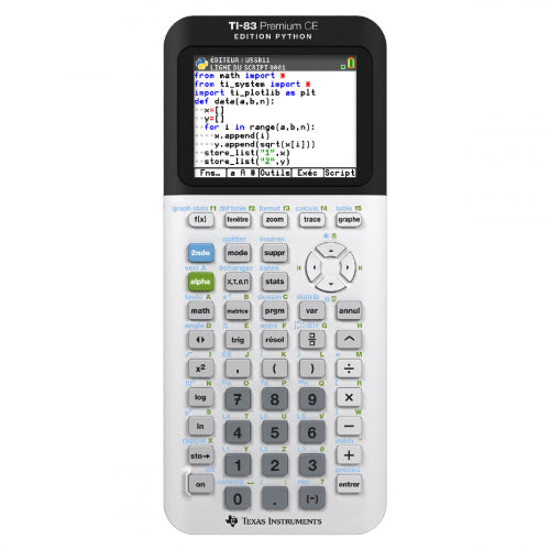 Texas Instruments TI-83 Premium CE Python Edition grafische rekenmachine, voorkant met scherm en toetsen, tweedehands
