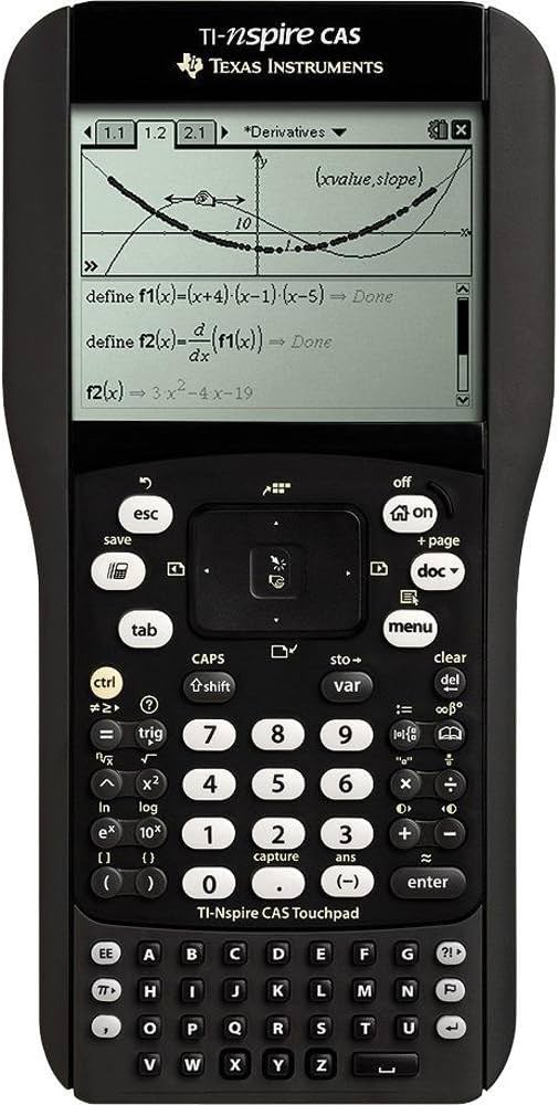 Texas Instruments TI-Nspire CAS grafische rekenmachine met touchpad, zwart, voorkant met afgeleiden op het scherm