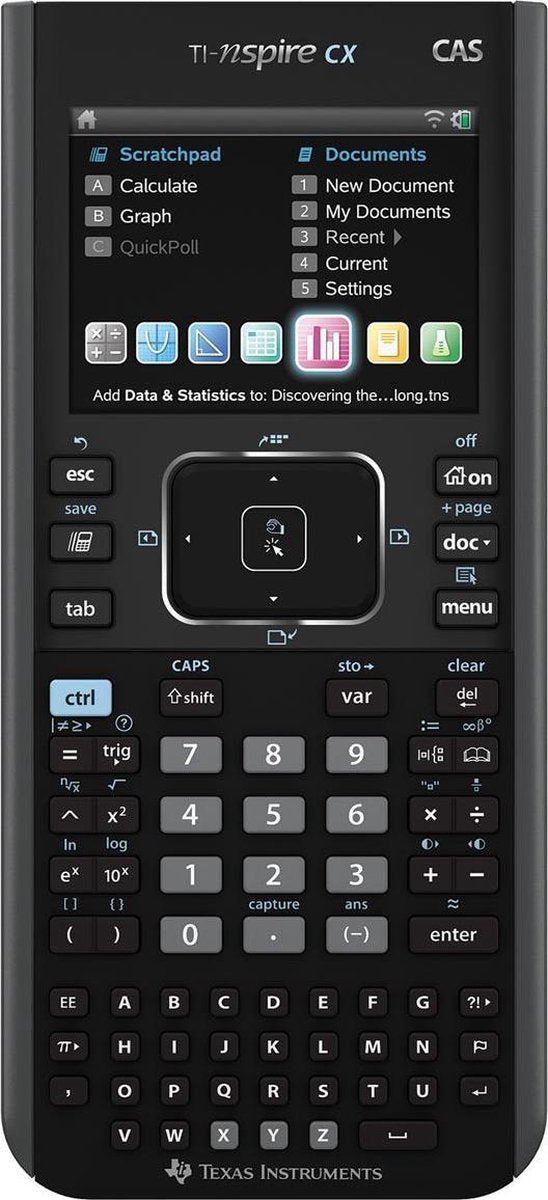 Texas Instruments TI-Nspire CX CAS grafische rekenmachine, zwart, voorkant met kleurenscherm, tweedehands