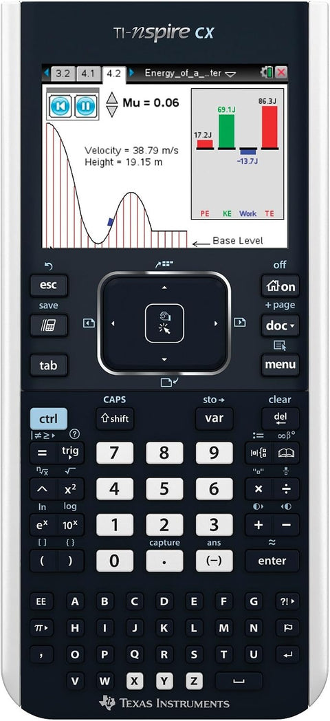 Texas Instruments TI-Nspire CX grafische rekenmachine, zwart, voorkant met kleurenscherm en grafiek