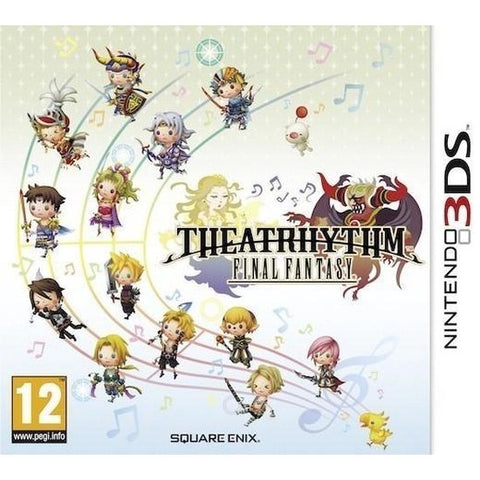 Nintendo 3DS Theatrhythm Final Fantasy van Square Enix, doos voorkant met figuurtjes langs muzieknoten, tweedehands