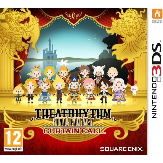 Nintendo 3DS Theatrhythm Final Fantasy Curtain Call van Square Enix, doos voorkant met figuurtjes op een toneel, tweedehands