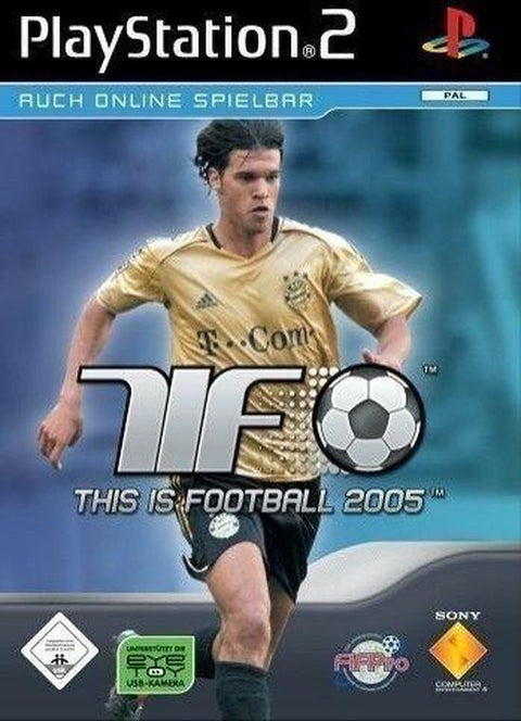 PlayStation 2 This is Football 2005 van Sony, Duitse doos voorkant met een voetballer in een goudkleurig shirt, tweedehands