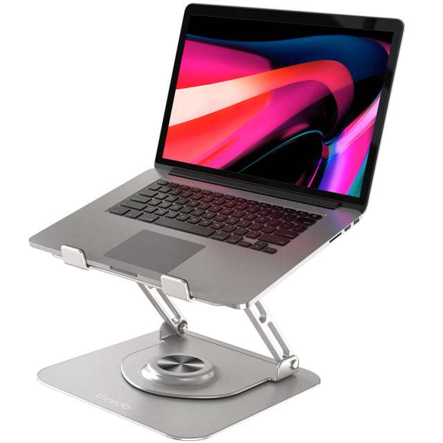 Thredo aluminium laptopstandaard verstelbaar en draaibaar, zilver, met een laptop erop die niet wordt meegeleverd