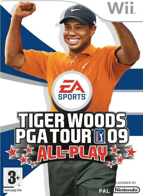 Nintendo Wii Tiger Woods PGA Tour 09 All-Play van EA Sports, doos voorkant met juichende Tiger Woods, tweedehands