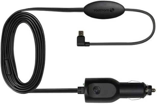 TomTom GO autolader, zwart, met gekrulde kabel en usb-aansluiting