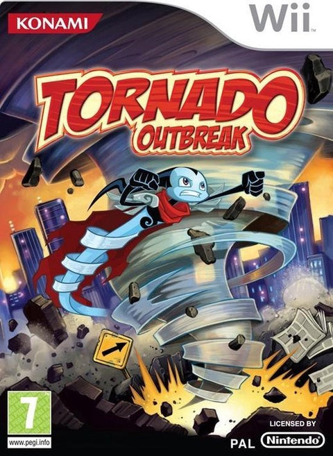 Nintendo Wii Tornado Outbreak van Konami, doos voorkant met tornado in de stad, tweedehands