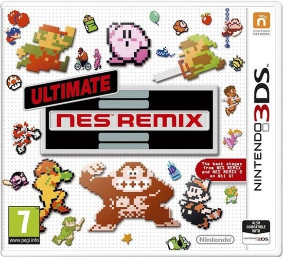 Nintendo 3DS Ultimate NES Remix van Nintendo, doos voorkant met pixelfiguren uit NES-spellen, tweedehands