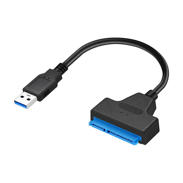 Zwarte USB 3.0 naar SATA adapterkabel met blauwe SATA-aansluiting en USB-A-stekker