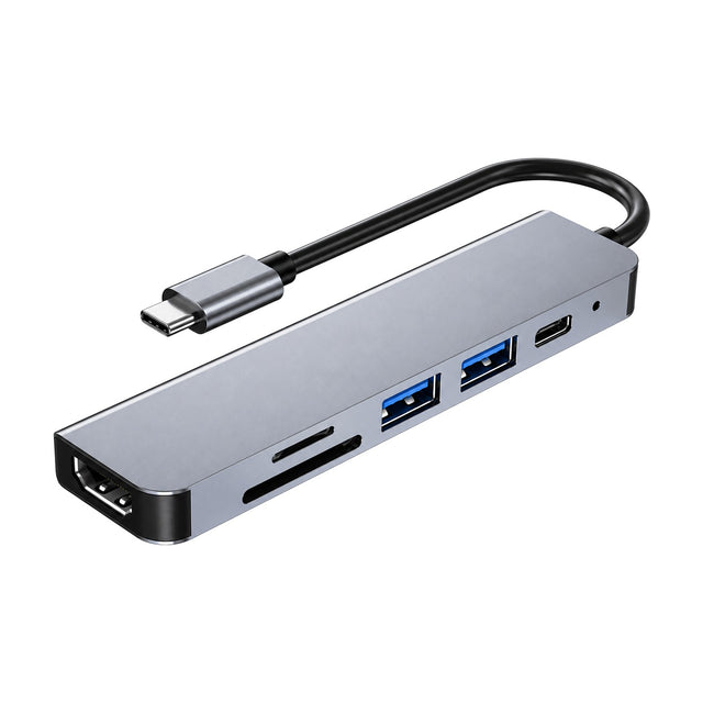 Grijze USB-C hub 6-in-1 met HDMI-poort, SD- en microSD-sleuf, twee USB-poorten en USB-C-oplaadpoort, met zwarte kabel