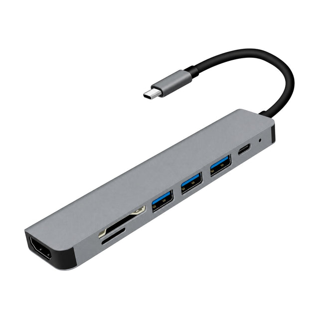 Grijze USB-C hub 7-in-1 met HDMI-poort, SD- en microSD-sleuf, drie USB-poorten en USB-C-oplaadpoort, met zwarte kabel