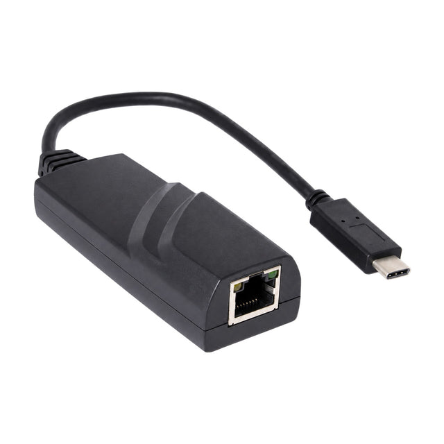 Zwarte USB-C naar Ethernet adapter met RJ45-netwerkpoort en kort kabeltje met USB-C-stekker