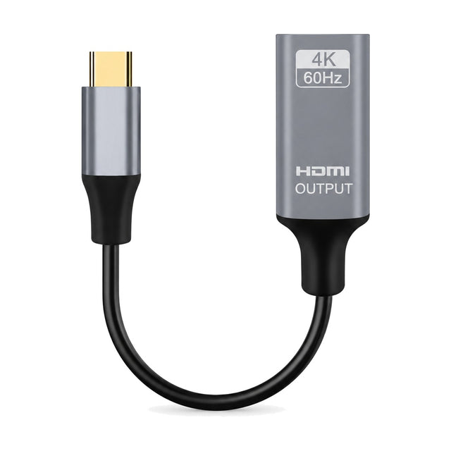 Grijze USB-C naar HDMI adapter met kort zwart kabeltje, USB-C-stekker en HDMI-behuizing met opdruk 4K 60Hz, vooraanzicht