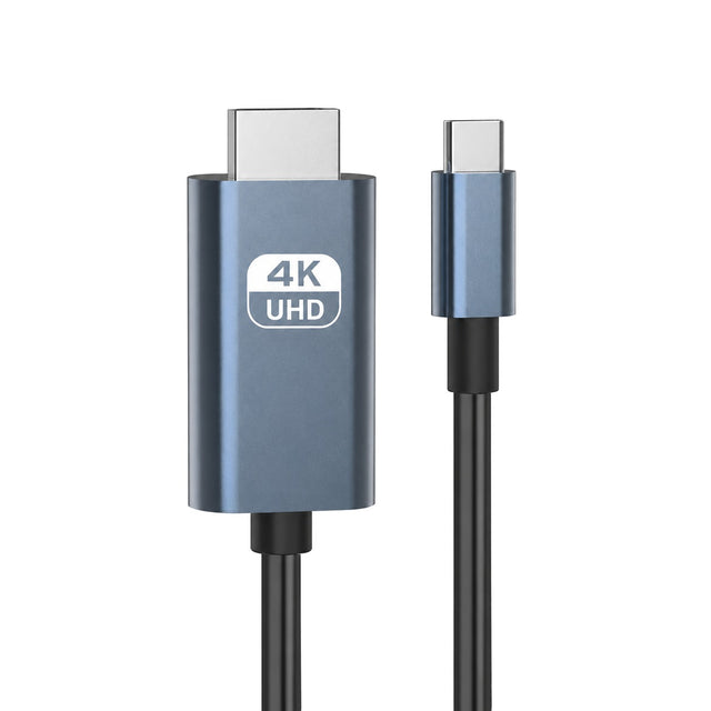 USB-C naar HDMI kabel met grijsblauwe stekkerbehuizingen, wit 4K UHD-label op de HDMI-stekker en zwarte kabel