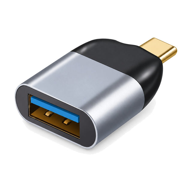 Grijze USB-C naar USB-A adapter met zwarte hals, goudkleurige USB-C-stekker en blauwe USB-A-ingang