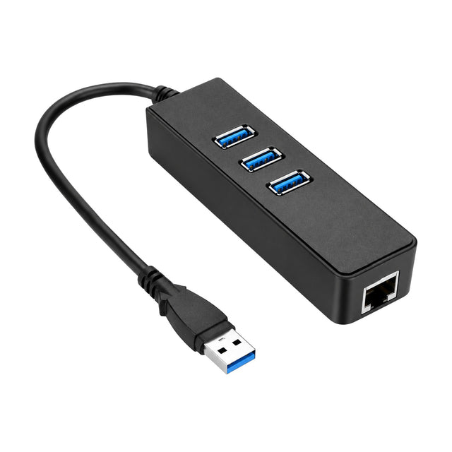 Zwarte USB 3.0 hub met drie blauwe USB-poorten bovenop, RJ45-netwerkpoort aan de kopse kant en zwarte kabel met USB-A-stekker