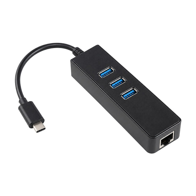Zwarte USB-C hub met drie blauwe USB 3.0-poorten bovenop, RJ45-netwerkpoort aan de kopse kant en zwarte kabel met USB-C-stekker