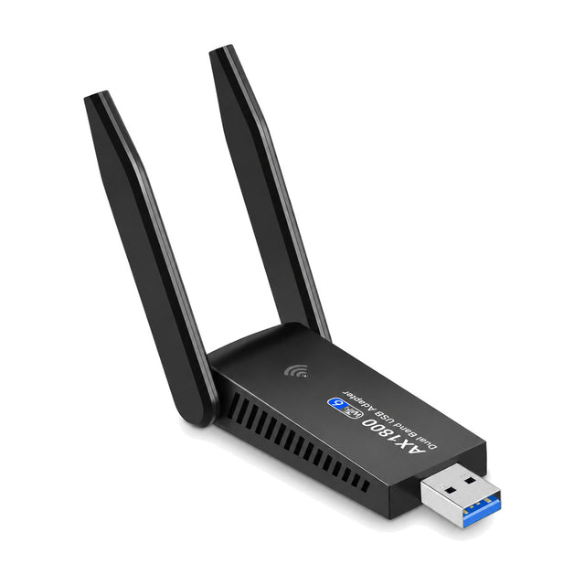 Zwarte USB 3.0 wifi 6-adapter AX1800 met twee antennes, ventilatiesleuven en blauwe USB-stekker, schuin aanzicht