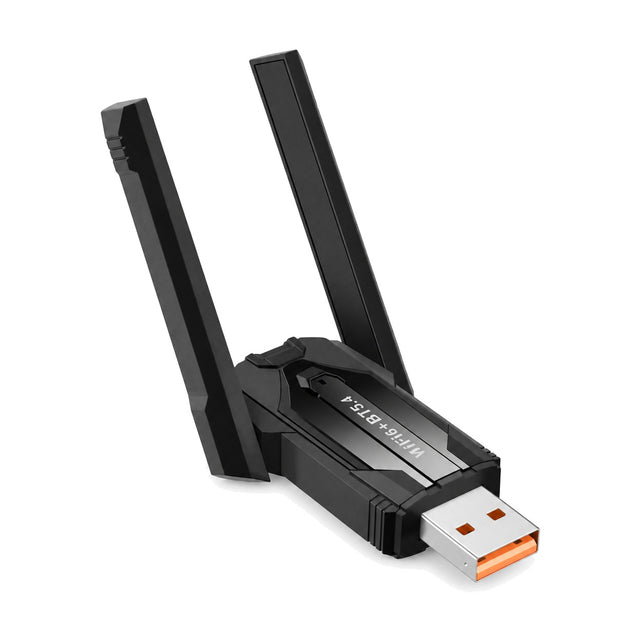 Zwarte USB wifi 6- en Bluetooth 5.4-adapter met twee antennes en USB-A-stekker met oranje tong, schuin aanzicht