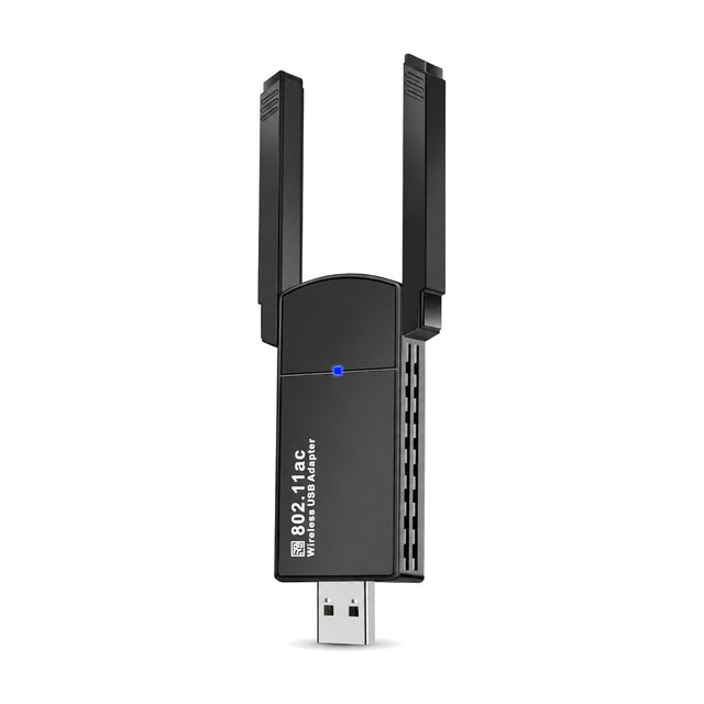 Zwarte USB wifi-adapter 1300 Mbps rechtop, met twee antennes, blauw lampje en ventilatiesleuven