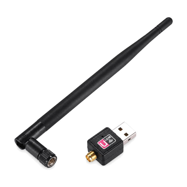 Zwarte USB wifi-adapter 150 Mbps met losse zwarte antenne en goudkleurige antenne-aansluiting