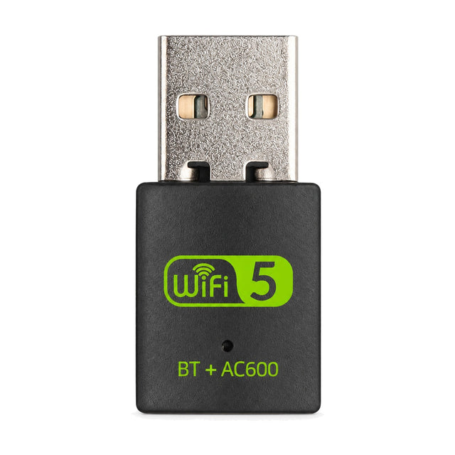 Zwarte mini USB wifi- en Bluetooth-adapter met groen WiFi 5-embleem en opdruk BT + AC600, vooraanzicht