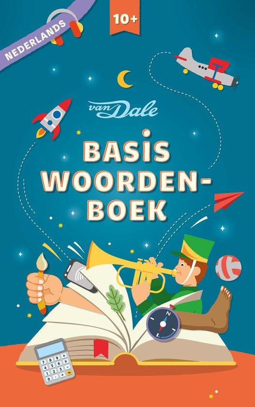 Van Dale Basiswoordenboek Nederlands, blauwe omslag met een raket, een vliegtuigje en een open boek, tweedehands