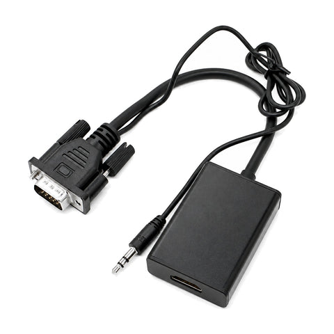 Zwarte VGA naar HDMI converter met vaste VGA-stekker, 3,5 mm audiostekker en kastje met HDMI-uitgang