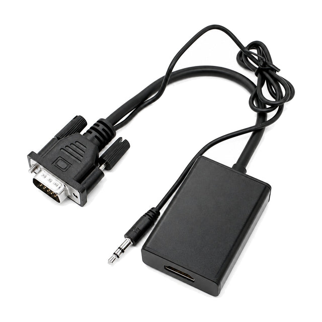 Zwarte VGA naar HDMI converter met vaste VGA-stekker, 3,5 mm audiostekker en kastje met HDMI-uitgang