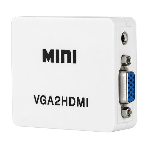 Wit mini VGA naar HDMI converterkastje met blauwe VGA-ingang en 3,5 mm audio-ingang