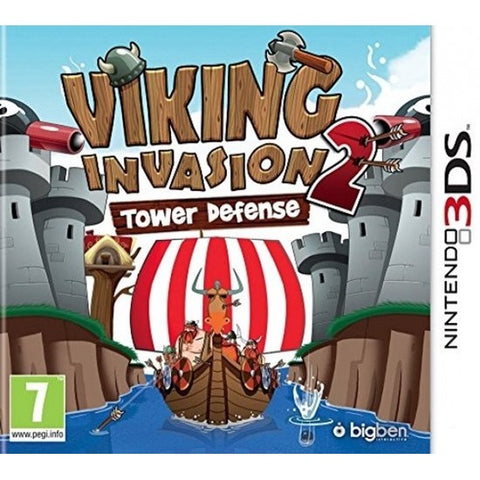 Nintendo 3DS Viking Invasion 2 Tower Defense, doos voorkant met een vikingschip voor een kasteel, tweedehands