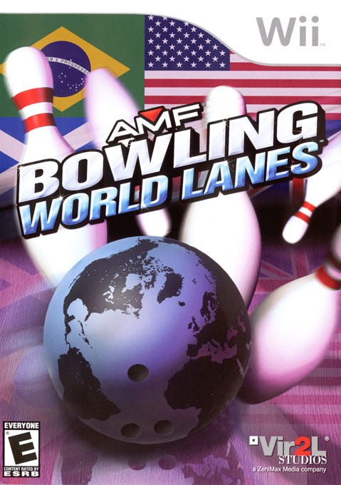 Nintendo Wii AMF Bowling World Lanes van Vir2L, doos voorkant met bowlingbal als wereldbol, Noord-Amerikaanse ESRB-uitgave
