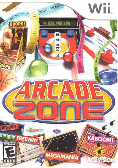 Nintendo Wii Arcade Zone van Activision, doos voorkant met skeeball-baan en tickets, Noord-Amerikaanse ESRB-uitgave
