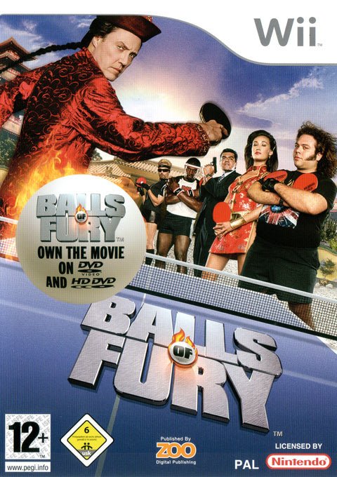 Nintendo Wii Balls of Fury van Zoo Digital, doos voorkant met pingpongtafel en filmcast, USK-label, tweedehands