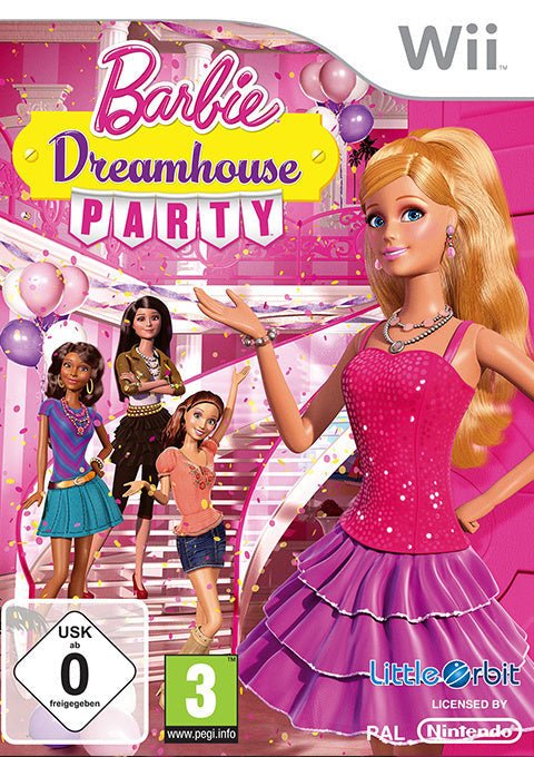 Nintendo Wii Barbie Dreamhouse Party van Little Orbit, doos voorkant met Barbie en vriendinnen, USK-label, tweedehands