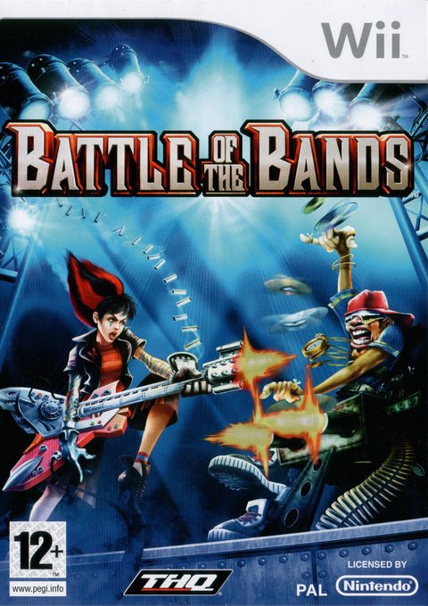 Nintendo Wii Battle of the Bands van THQ, doos voorkant met gitarist en rapper die met instrumenten schieten, tweedehands