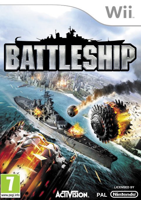 Nintendo Wii Battleship van Activision, doos voorkant met slagschip en brandende zeemijn, tweedehands