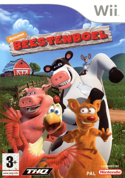 Nintendo Wii Beestenboel van Nickelodeon en THQ, doos voorkant met koe, varken en andere boerderijdieren, tweedehands