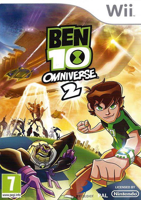 Nintendo Wii Ben 10 Omniverse 2 van D3Publisher, doos voorkant met Ben en aliens in een stad, tweedehands
