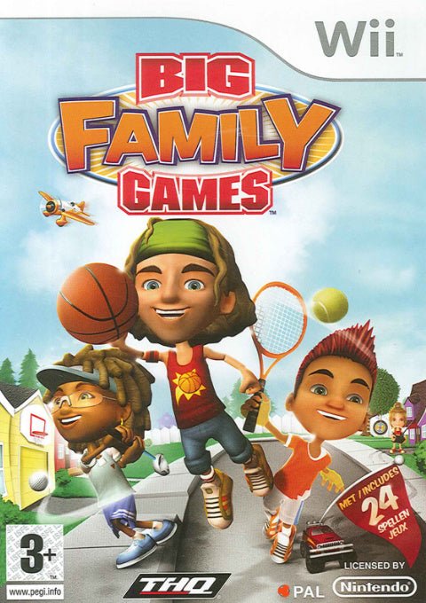 Nintendo Wii Big Family Games van THQ, doos voorkant met drie kinderen met bal en racket, tweedehands