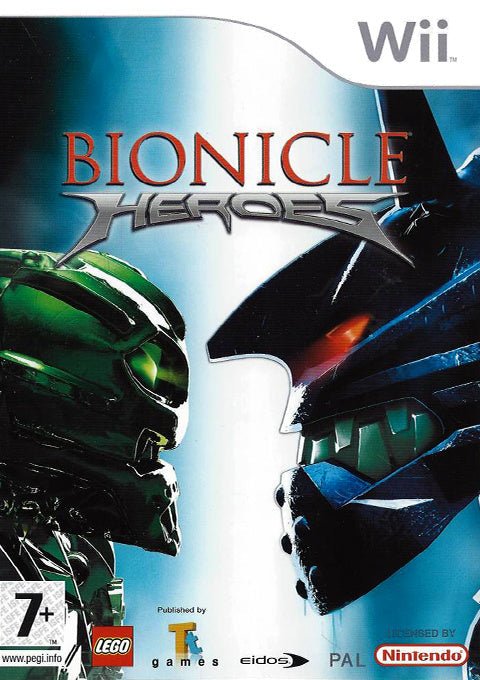 Nintendo Wii LEGO Bionicle Heroes van Eidos, doos voorkant met twee Bionicle-maskers, tweedehands