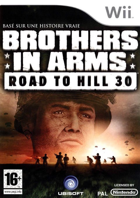 Nintendo Wii Brothers in Arms Road to Hill 30 van Ubisoft, doos voorkant met soldaat, Franse tekst, tweedehands