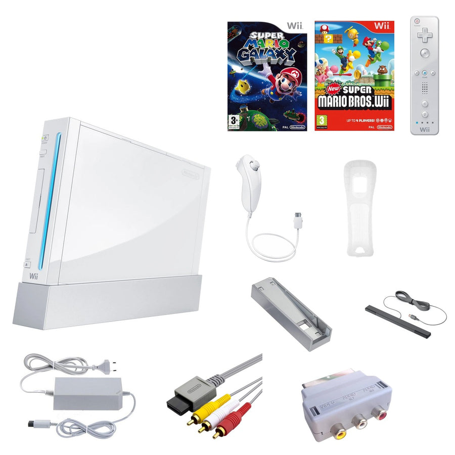 Nintendo-Wii Console - Wit + Super Mario Galaxy + New Super Mario Bros bundel Tweedehands