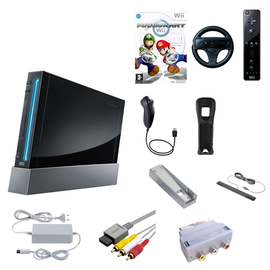 Nintendo-Wii Console - Zwart + Mario Kart + Wheel bundel Tweedehands