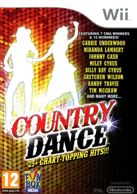 Nintendo Wii Country Dance van Funbox Media, dansgame, doos voorkant met lijst van artiesten, tweedehands