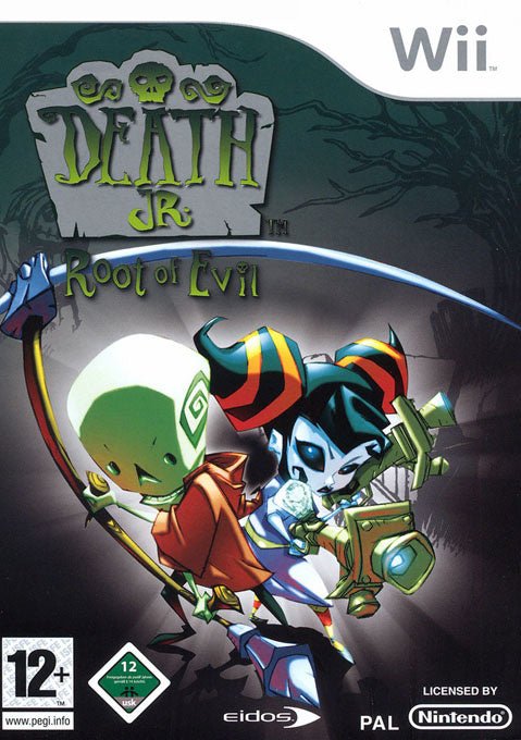 Nintendo Wii Death Jr Root of Evil van Eidos, doos voorkant met skeletjongen met zeis, USK-label, tweedehands