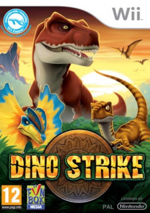 Nintendo Wii Dino Strike van Funbox Media, doos voorkant met brullende roofdinosaurus, tweedehands