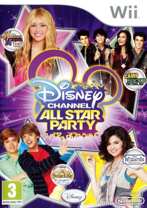 Nintendo Wii Disney Channel All Star Party, paarse doos voorkant met sterren uit Disney Channel-series, tweedehands